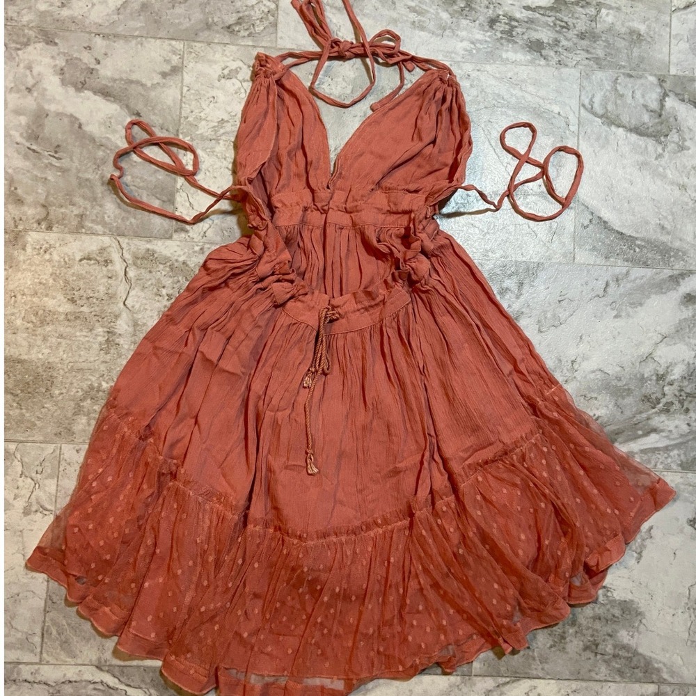 Boho Terracotta Halter Mini Dress Sz Med Deep-V Backless Ruffle Lace Skirt - Picture 2 of 12